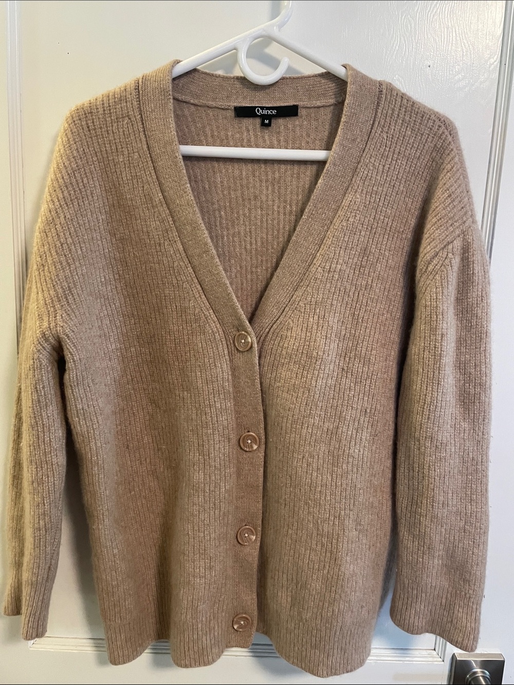 Quince 100% Cashmere Ribbed Button-Front Cardigan Sweater - Taupe Beige